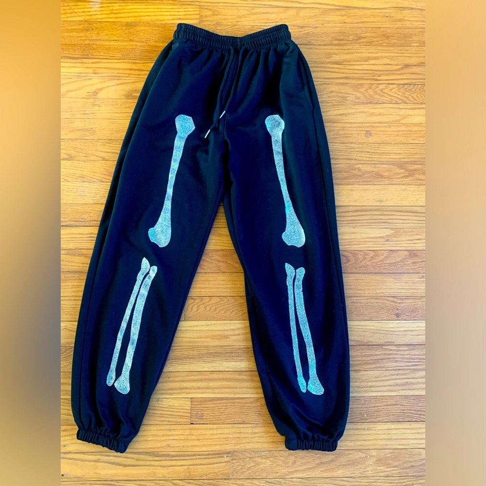 Black Sweatpants Skeleton Print Diamond Embellished Size S